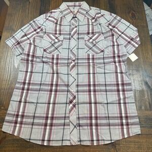Corral West Ranch Wear Mens XL Grey Burgundy Plaid Short Sleeve Pearl Snap Shirt